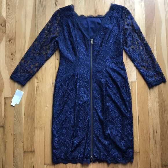 Lace Cocktail Dress Navy Blue 3/4 Sleeve - Picture 7 of 8